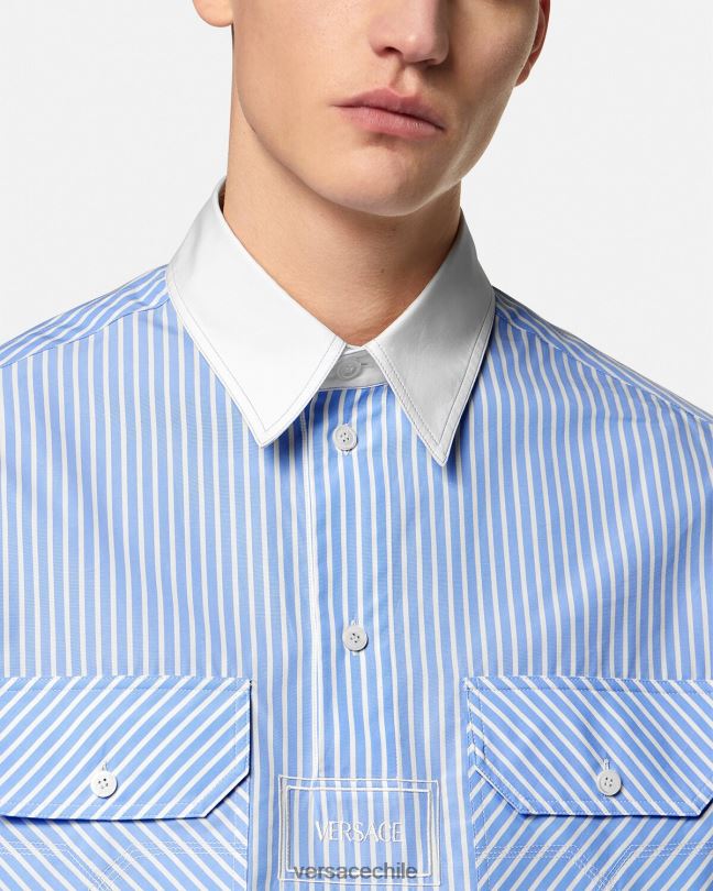 azul claro camisa a rayas con logo Versace hombres ropa V26001295