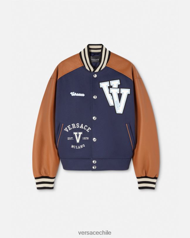 azul Marrón chaqueta bomber con logo universitario Versace hombres ropa V26001257