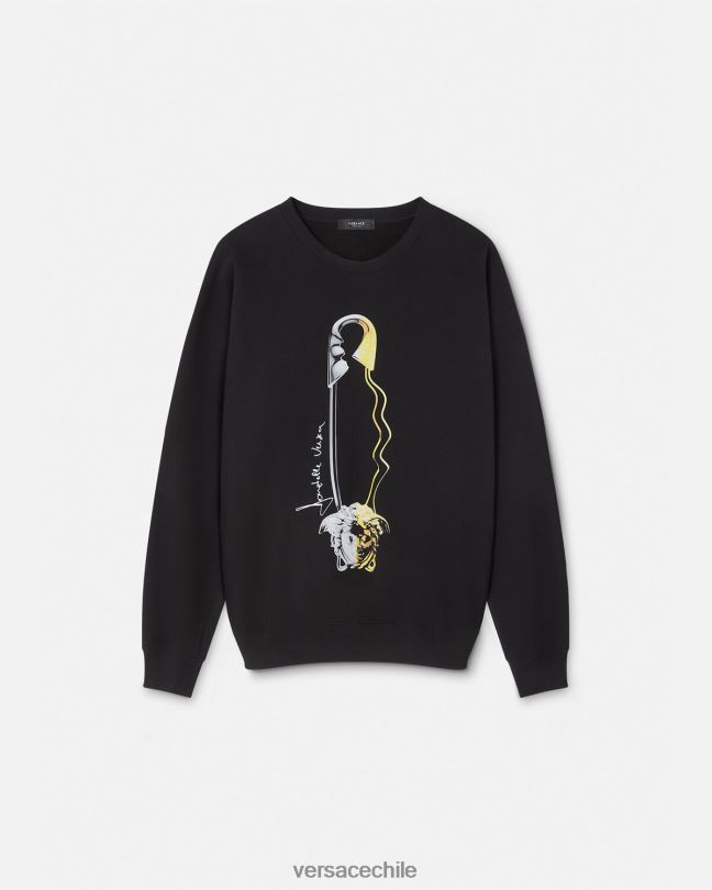 negro sudadera con estampado de pin de seguridad Versace hombres ropa V26001420